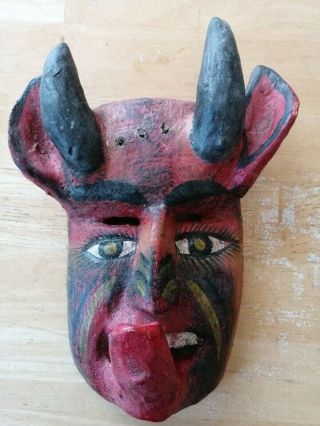 Vintage Red Devil Mask Wood Hand Carved Painted Horns Fangs Wall Art