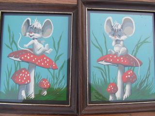 Vintage Mouse Mice Mushroom Paintings Paint By Number Framed Set Of 2 Framed Pic