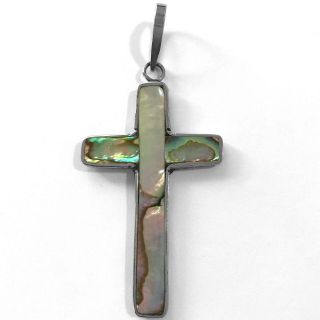 Sterling Silver Abalone Cross Pendant 2.  5 In Iridescent Taxco Mexico Vintage 90s