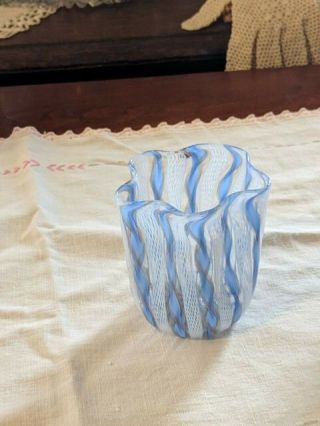 Vintage Venetian Murano Blue Glass Vase Latticino Ribbons Aventurine 3 "