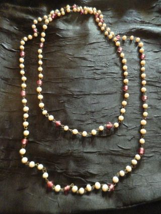 Art Deco Vintage 62 " Flapper Necklace Pink Cream Glass Wired Beads