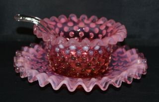Vintage Fenton Cranberry Opalescent Hobnail 3 Piece Mayonnaise Set