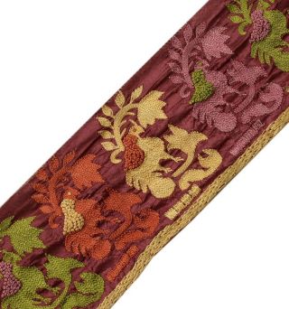 Vintage Sari Border Indian Craft Trim Hand Embroidered Floral Ribbon Lace Maroon
