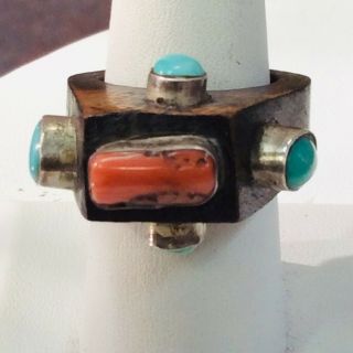 Vintage Mid Century Modern Wood Silver Turquoise Coral Ring Size 8