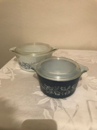 Vintage Pyrex Blue & White Colonial Mist Casserole Dishes With Lids 474 - B,  473 - B