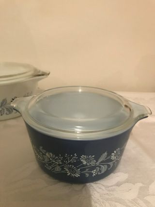 Vintage Pyrex Blue & White Colonial Mist Casserole Dishes With Lids 474 - B,  473 - B 4