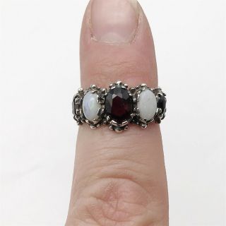 Vintage Solid Silver Opal Garnet Cluster Pretty Ladies Ring Size K