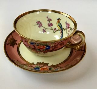 Vtg Noritake Hand Painted Art Nouveau Parrot Bird Floral Tea Cup & Saucer