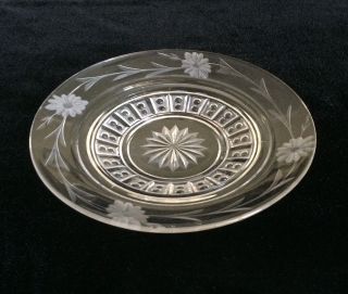 Vintage Etched Clear Glass Round Tidbit Dish Starburst Center Floral Rim Buttons