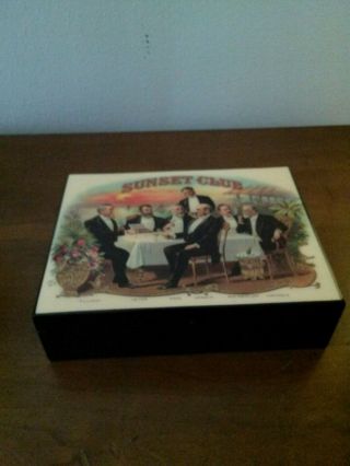 Vintage Lacquered Hinged Cigar Box " Sunset Club " Design Size 9 " X 7 " X 2.  5 "
