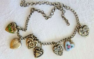 Unusual Vintage Heart Charms Sterling Silver Anklet Ankle Or Large Bracelet