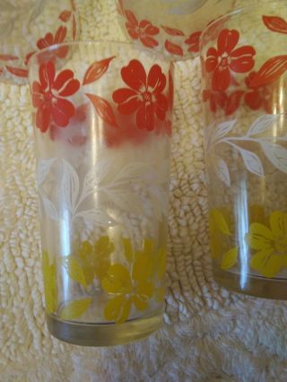 Vintage Hand Painted Red Yellow Flower Glasses Set Of 6 Classic 1950s Item