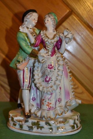 Vtg Victorian Man & Woman 9 " Tall Porcelain Gilded Figurines By Wales Japan