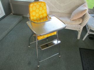 Vintage Vinyl & Chrome Cosco High Chair Foldable Yellow Polk Dots Retro