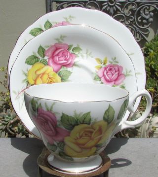 Vintage Queen Anne Bone China Trio Pink Yellow Roses
