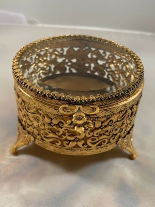 Vintage Beveled Glass And Brass Ormolu Jewelry Casket Trinket Round Jewelry Box