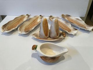 Vintage Ceramic Corn On The Cob Holders,  Salt & Pepper Shakers W/ Tray & Boat