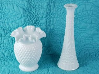 Vintage Scalloped Ruffled Edge Hobnail Milk Glass Vase And Tapered Milk Glass