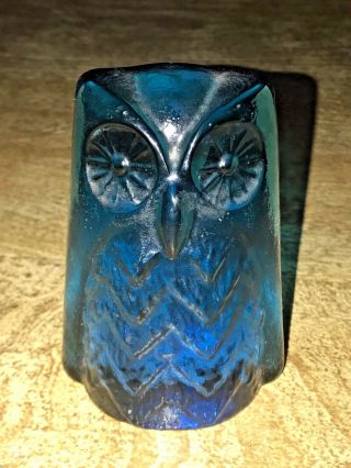 Vintage Mcm Blenko Mod Glass Owl Figurine Bookend Blue Paperweight