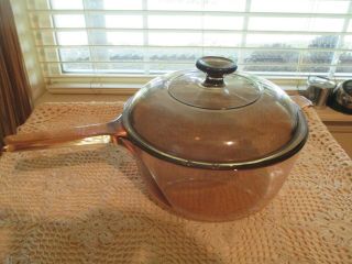 Vintage Corning Pyrex Vision Ware 2.  5 L Amber Glass Pot Sauce Pan With Lid U.  S.  A