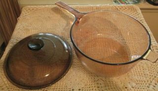 VINTAGE Corning Pyrex Vision Ware 2.  5 L Amber Glass Pot Sauce Pan with Lid U.  S.  A 2