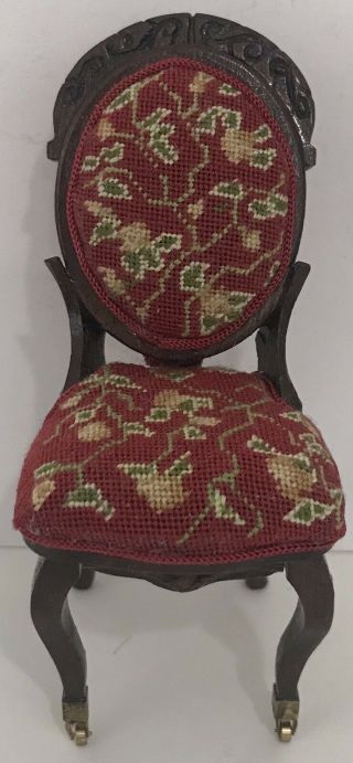 Vintage Dollhouse Miniature Handmade Side Chair Red Needlepoint Seat Style 5