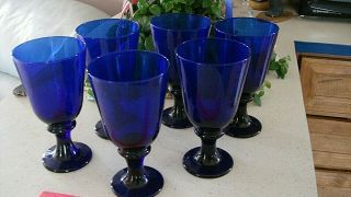 Cobalt Blue Glass Set Of 6 Water Stemmed Goblets Vintage Parfait