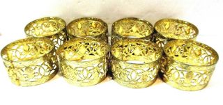 Set Eight Fancy Gold Tone Filigree Open Work Napkin Rings Metal Vintage Ornate