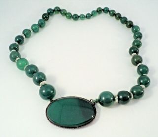 Vintage Art Deco Translucent Green Glass & Sterling Silver Oval Choker Necklace