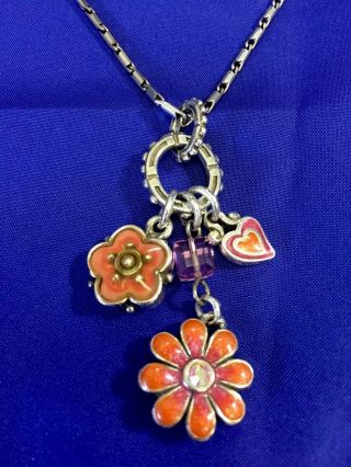 Vintage Brighton Collectibles Necklace W/double Sided Floral Enamel Charms/cryst