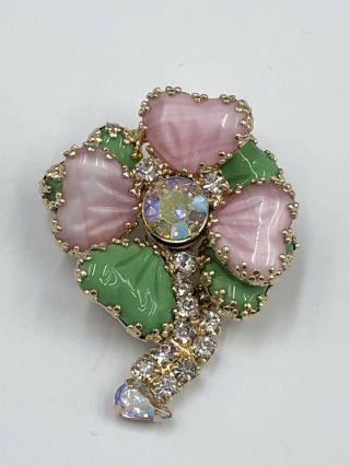 Vintage Hobe’ Signed Pink & Green Molded Glass & Rhinestones Flower Brooch