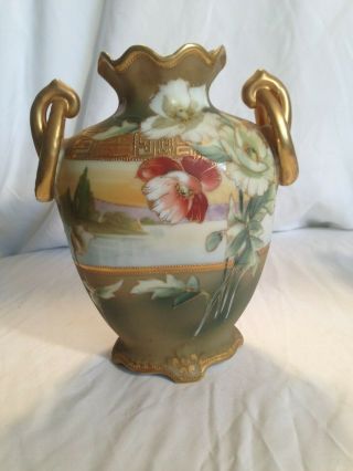 Vtg Nippon Hand Painted Double Handle Vase Water Floral Scene