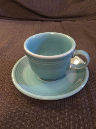 Vintage Homer Laughlin Fiesta Aqua Blue Coffee Cup & Saucer Plate Dish Set