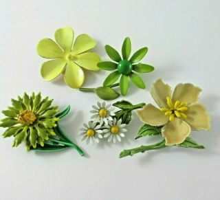 5 Vtg 1960s Enamel Flower Pins Yellows Greens 1 Signed Sandor Daisy Bouquet
