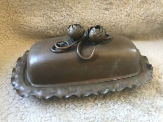 Vintage Gregorian Copper Butter Dish W/ Glass Insert & Roses On Top C1946 - 1969