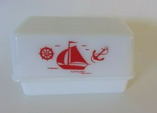 Vintage Milk Glass Mid Century Covered Butter Dish W/red Ship Anchor Nautical