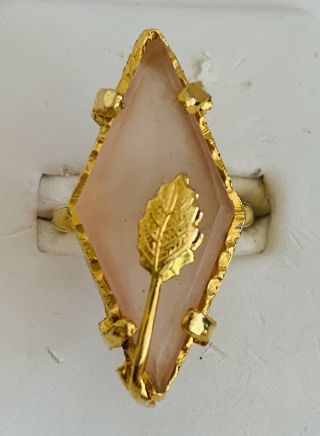 Vintage Pink Satin Diamond Glass Gold Leaf Adjustable Ring