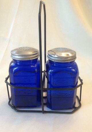 Vintage Glass Cobalt Blue Embossed Salt & Pepper Shaker W/caddy