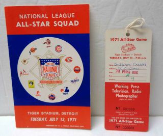 Vintage 1971 Mlb National League All - Star Squad Guide & All - Star Game Press Pass