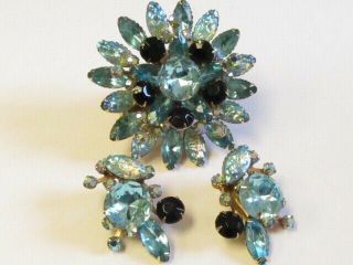 Vintage Judy Lee Aqua Blue Iridescent Art Glass Rhinestone Brooch And Earrings
