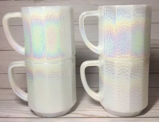 Set Of 4 Vintage Federal Milk Glass Rainbow Iridescent Opalescent Cups 10 Oz.