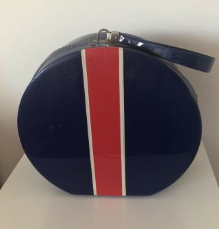 Vintage Round Zippered Hat Box Train Case Red White Blue With Handle