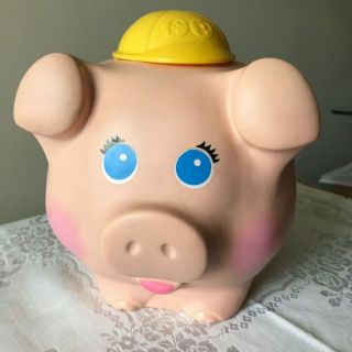 Vintage 1980 Fisher Price Pink Piggy Bank Quaker Oats Yellow Plastic Hat 166