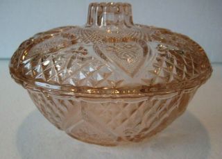Vtg PINK DEPRESSION GLASS pressed glass w/roses & hearts candy dish w/lid 2