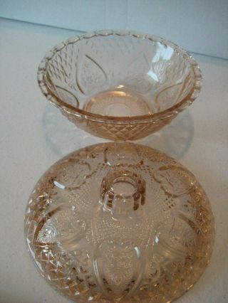 Vtg PINK DEPRESSION GLASS pressed glass w/roses & hearts candy dish w/lid 3
