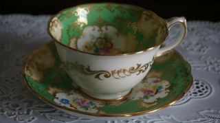 Vintage Hammersley Green Multi - Color Flowers Gold Scrolls Tea Cup & Saucer 2567