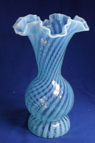 Vintage Fenton Art Glass Blue Opalescent Spiral Optic Ruffled Top 8 ½”hi Vase