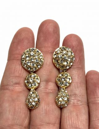 Vtg Signed Christian Dior Sparkly Clear Rhinestone Dangle Earrings Gold Tone