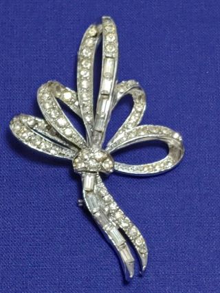 Vintage Pell Signed Silver Tone Crystal Clear Rhinestone Bow Brooch Pin Stunning