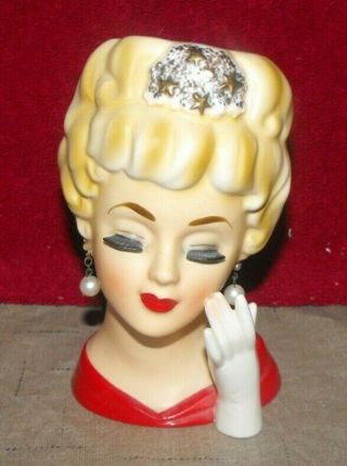 Vintage 5 3/4 " Lady Head Vase Planter Closed Eyes Earrings Red Dress Japan